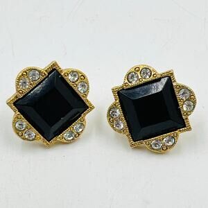 1928 Brand Art Deco Style Earrings Black Glass Clear Rhinestone Studs Glamorous